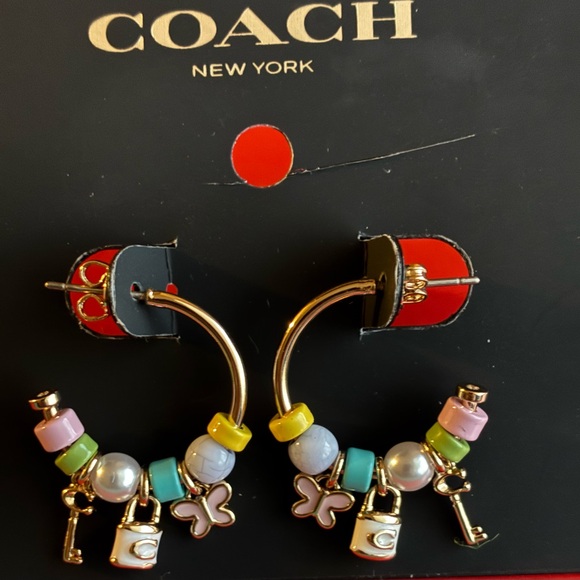 COACH Earrings,Coach Gold Hoop Earrings with Pastel Charms - Picture 2 of 7